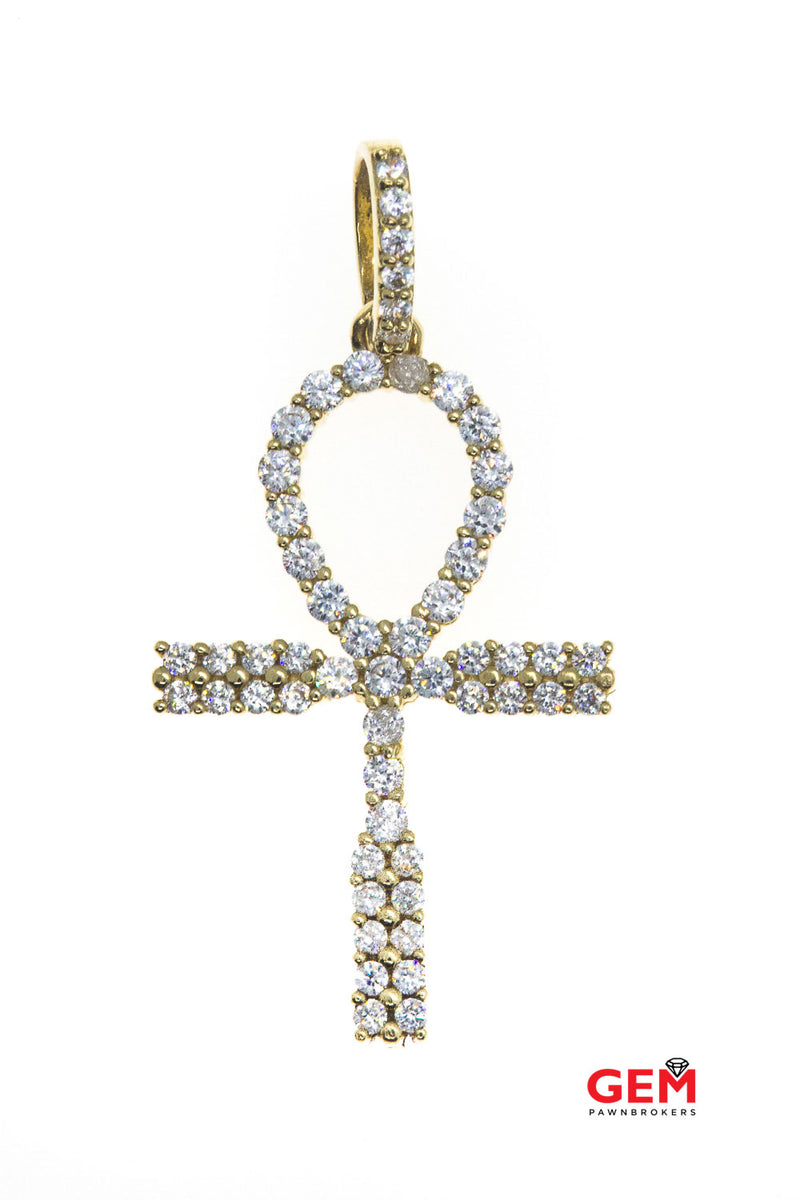 Cubic Zirconia Ankh Egyptian Cross Charm 14K 585 Yellow Gold CZ Pendant