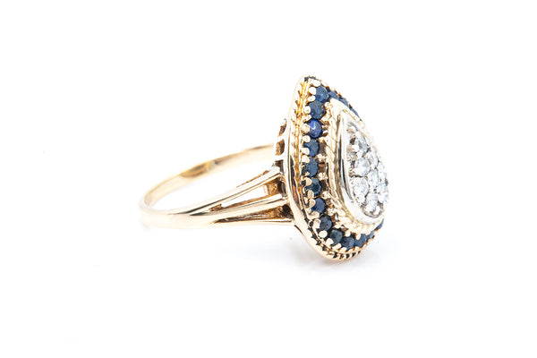 Vintage Cocktail Cluster Diamond & Sapphire 14k 585 Yellow Gold Ring