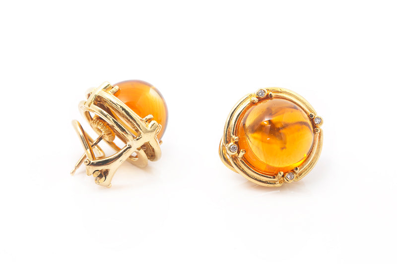 Vintage Cabochon Citrine & Diamond 18k 750 Yellow Gold Leverback Earrings