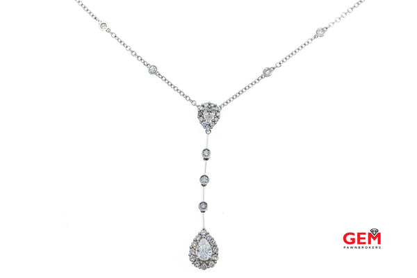 Natural Pear & Round Diamond Halo Accent Drop Charm 1.5mm Chain Link 14K 585 White Gold 19" Necklace & Pendant