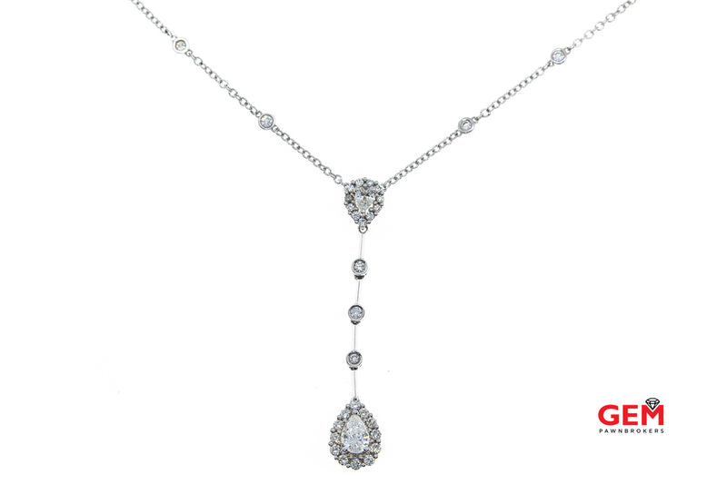 Natural Pear & Round Diamond Halo Accent Drop Charm 1.5mm Chain Link 14K 585 White Gold 19" Necklace & Pendant