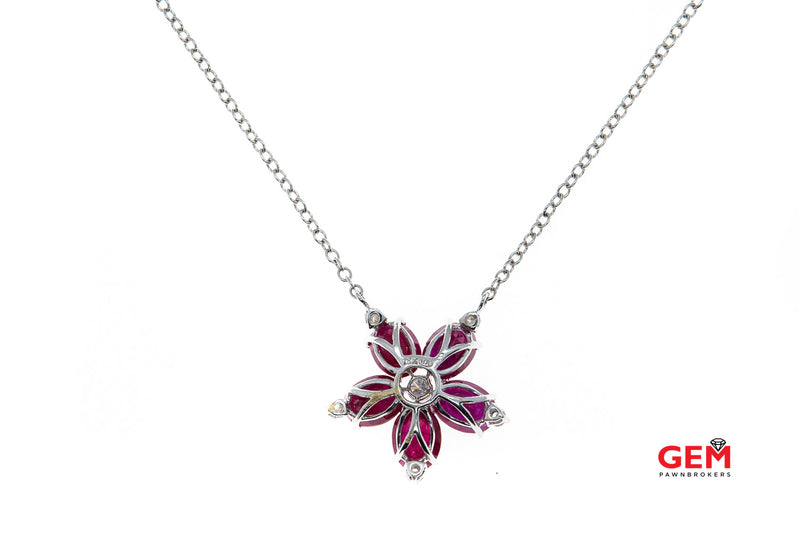 Oval Ruby Diamond Flower Petal Charm Pendant Necklace 18k 750 18" White Gold
