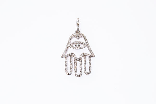 Diamond Pave Hamsa Palm Hand Amulet Charm 18K 750 White Gold Drop Pendant