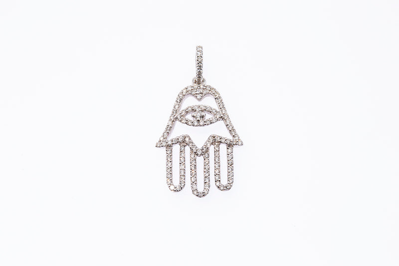 Diamond Pave Hamsa Palm Hand Amulet Charm 18K 750 White Gold Drop Pendant