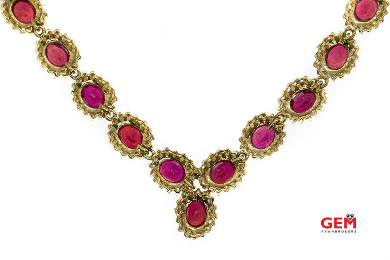 Natural Ruby & Diamond Halo Tennis Cocktail 14K 585 Yellow & White Gold Necklace