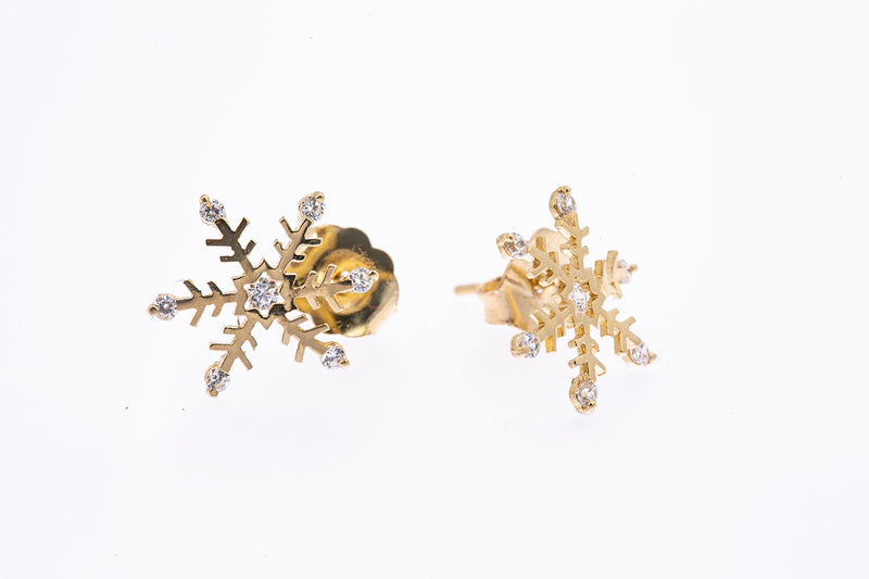 Cubic Zirconia Pierced Snowflake Studs 14K 585 Yellow Gold Pair of CZ Earrings