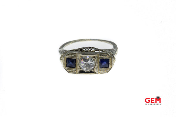 Art Deco Pierced Filigree Diamond Sapphire Three 14K White Gold Ring Size 7