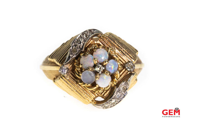 Vintage Opal & Diamond Scroll Cluster Ring White Yellow Gold Size 13 Retro