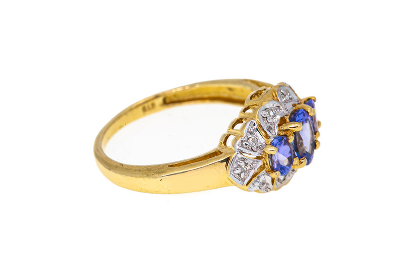 Vintage STS Victorian Natural Three 3 Stone Tanzanite & Diamond Cluster 14K 585 Gold Cocktail Ring Size 7