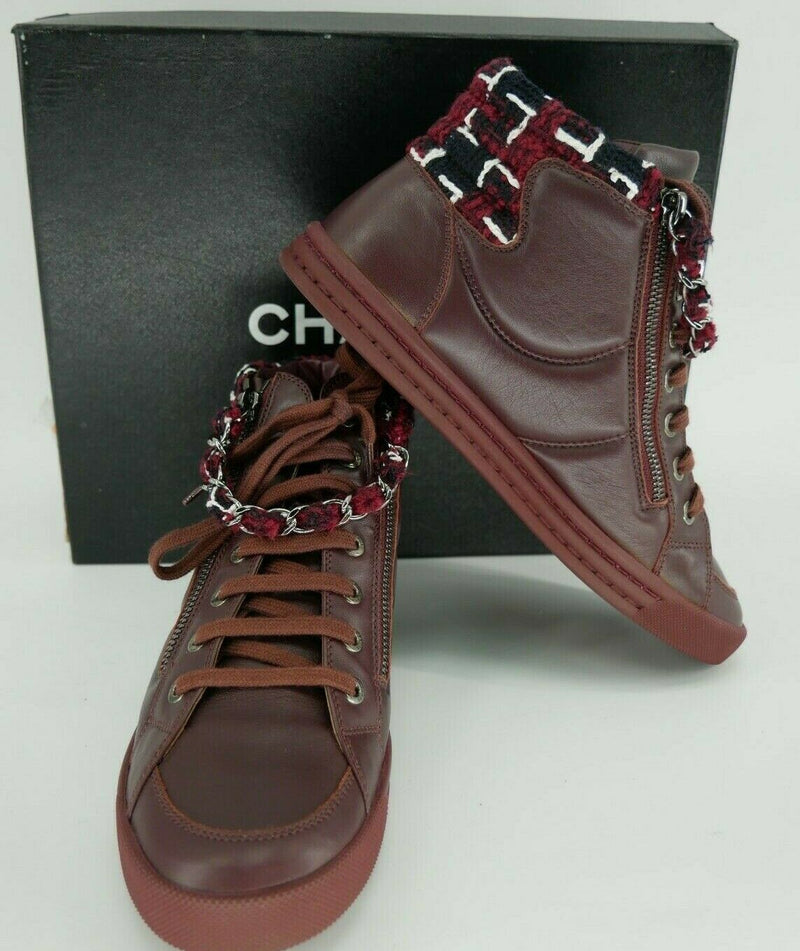 Chanel Burgundy Leather CC Logo High Top Sneaker Chain Zip Tweed SZ 37/7