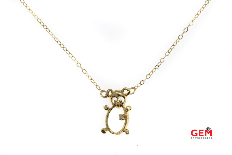 Thin Dainty 1.3mm Chain Link Diamond Panda Teddy Bear Charm Outline 14K 585 Yellow Gold 15.25" Necklace