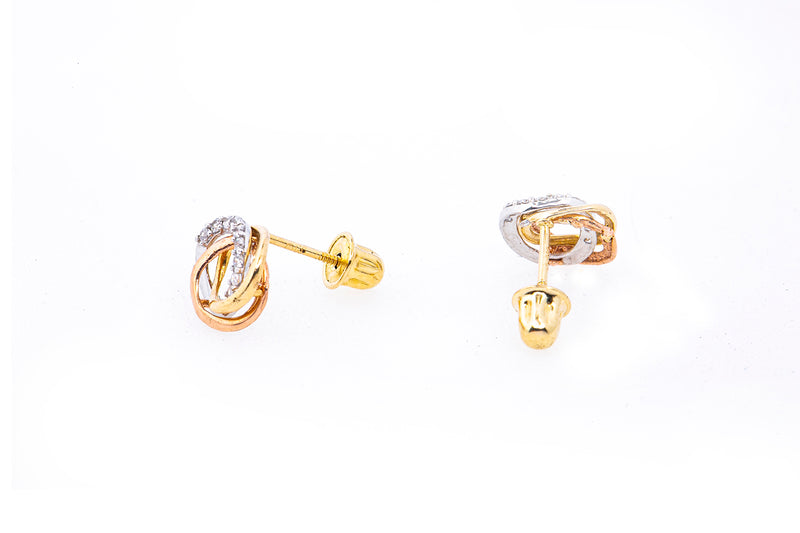 Interwoven Ring Cubic Zirconia Studs 14K White Rose & Yellow Gold Pair Earrings