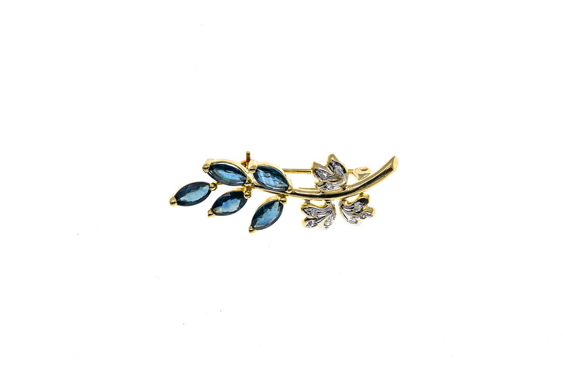 Sapphire & Diamond Flower Branch Floral Brooch 14K 585 Yellow Gold Lapel Pin