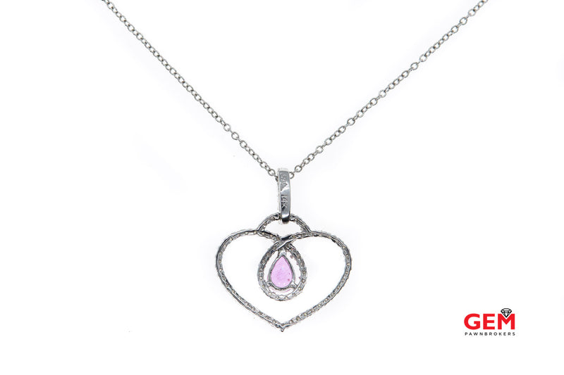 Pink Sapphire Pear & Diamond Pave Open Heart 14K 585 White Gold 16" Necklace