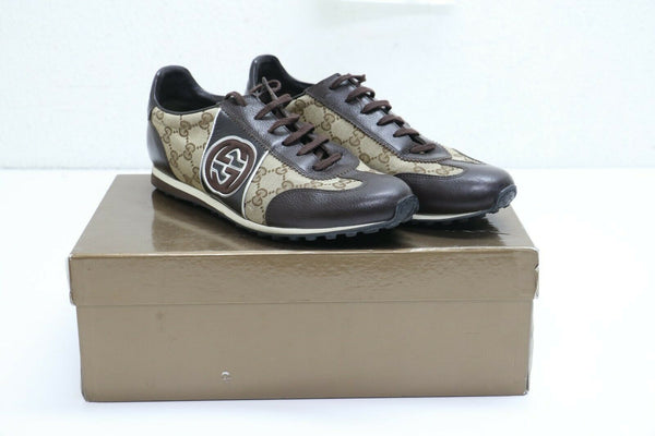 Gucci: Men's Brown Nylon/Leather GG Logo Sneakers Size 8.5G # 202744