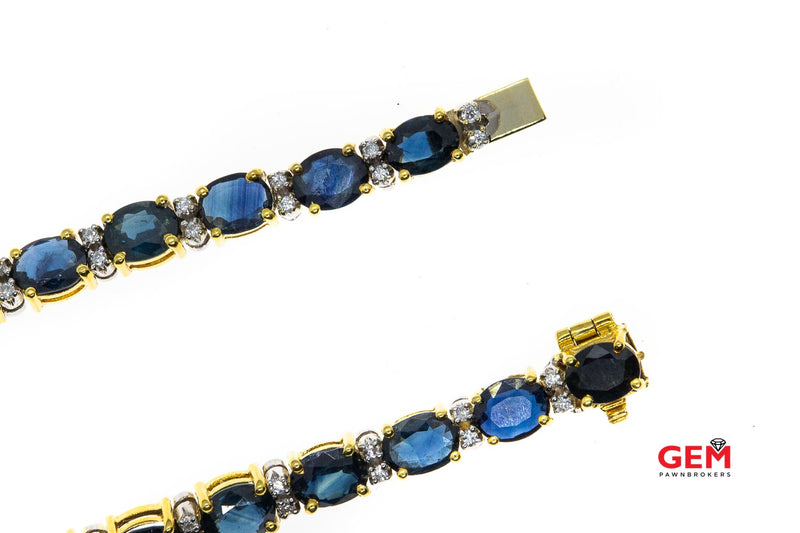 Blue Oval Sapphire & Diamond Tennis 18K 750 Gold Bracelet