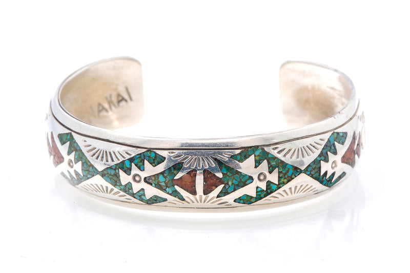 Vintage Nakai Navajo Sterling Silver 925 Turquoise and Coral Mosaic Inlay Bangle Bracelet