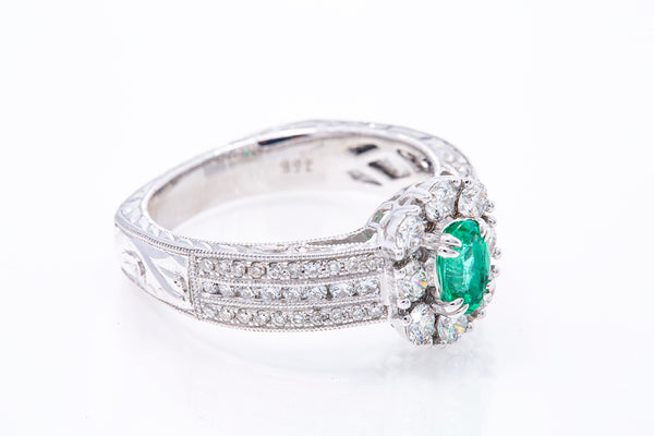 Bright Natural Oval Emerald Gemstone w/ Diamond Halo Accent 18k 750 White Gold Ring Sz 7