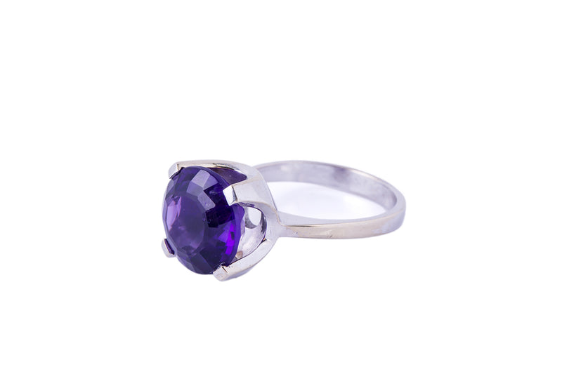 Solitaire Natural Amethyst Band 14K 585 White Gold Ring Size 7