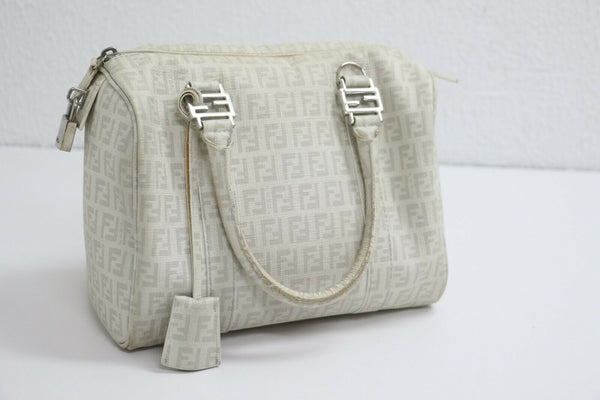Fendi: White Canvas Satchel Logo Medium Handbag - White