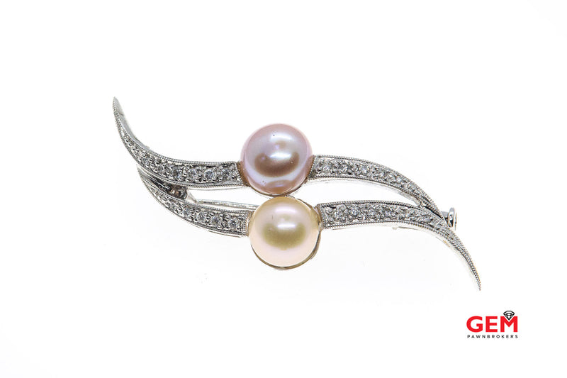 Alopa 18KT Solid White Gold Pin Brooch Diamond Pearl