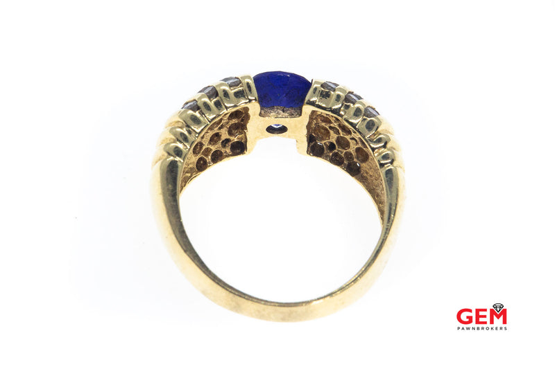 Natural Oval Sapphire Diamond Channel Set Row Accent Cluster Tapered Band 14K 585 Yellow Gold Cocktail Ring Size 7 3/4
