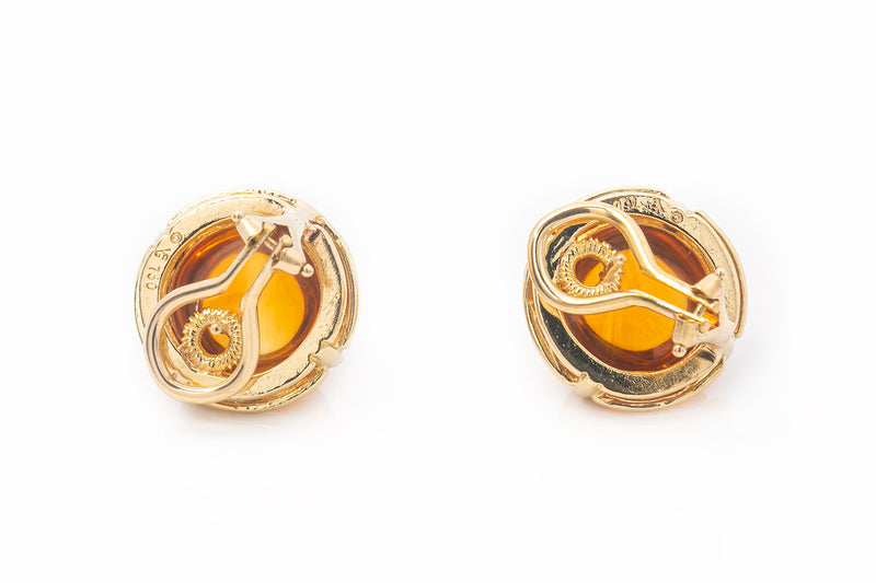 Vintage Cabochon Citrine & Diamond 18k 750 Yellow Gold Leverback Earrings