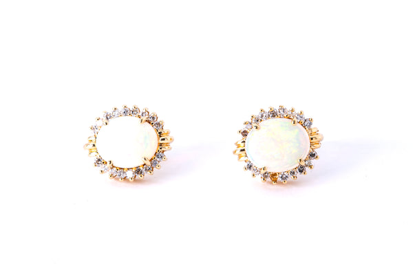 Cabochon Opal & Diamond Halo Accent Studs 14K 585 Yellow Gold Pair of Earrings