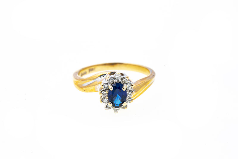 Sapphire & Diamond Halo Sunburst Band 14K 585 Yellow & White Gold Ring Size 6