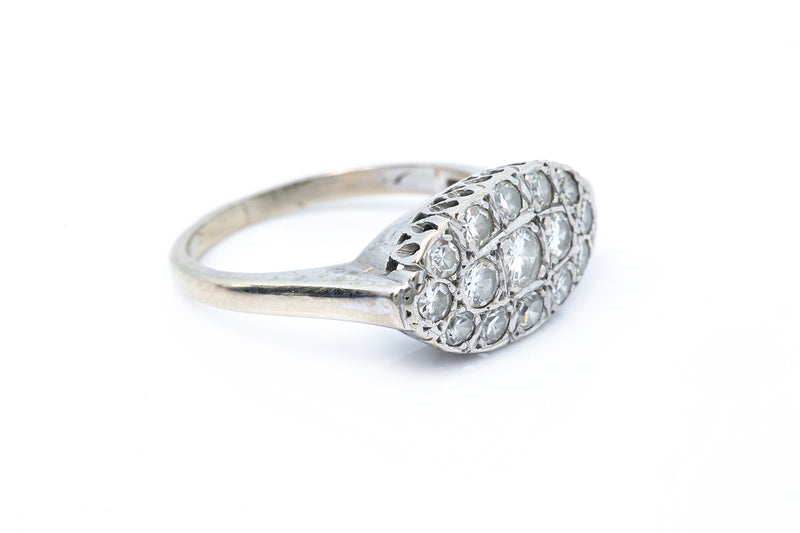 Vintage Naviette Pave Round Diamond 14k 585 White Gold Ring