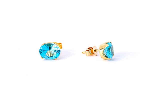 Natural Oval Blue Topaz Studs 14K 585 Yellow Gold Pair of Gemstone Earrings