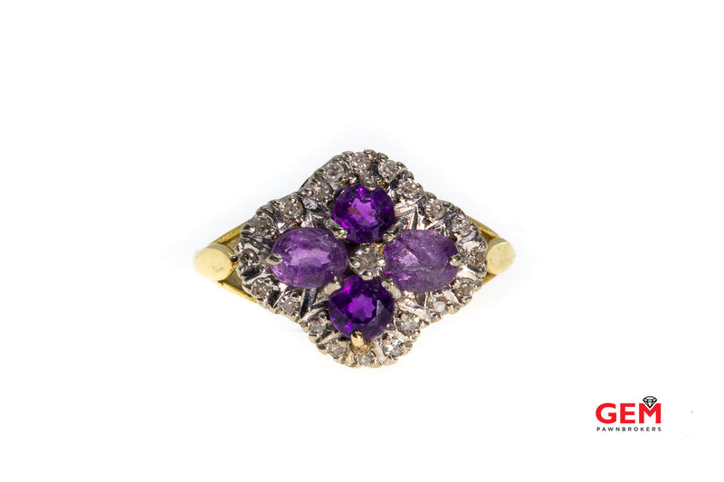 JHL 1977 Vintage London Natural Amethyst & Diamond Cluster 14K 585 Yellow White Gold Ring Size 6