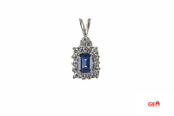 Natural Emerald Cut Sapphire & Diamond Halo Charm 14K 585 White Gold Pendant