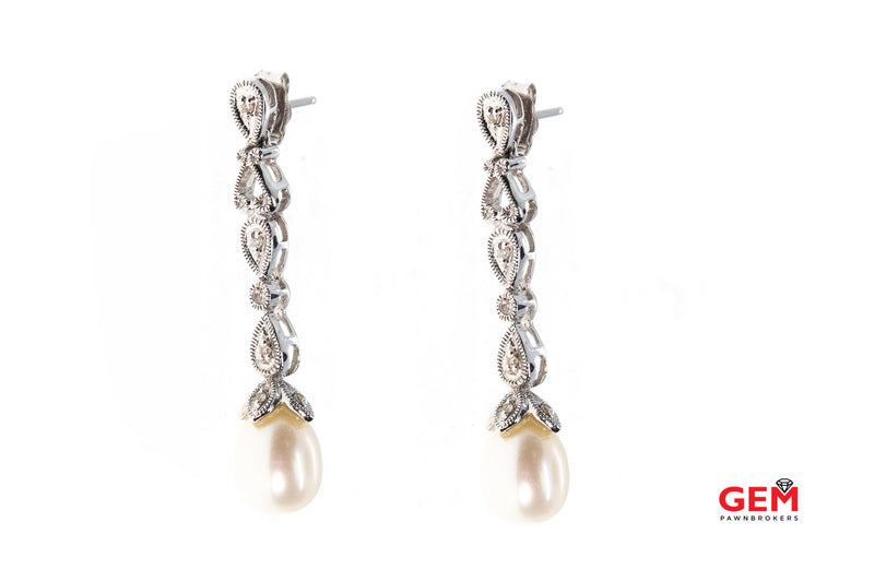 Floral Milgrain Accent Pearl & Diamond Drop 14K 585 White Gold Pair Earrings