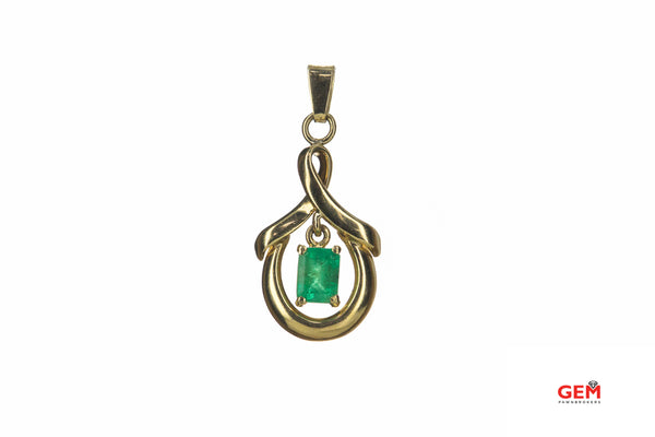 Natural Emerald Floating Swirl Ribbon Dangle Charm 18K 750 Yellow Gold Pendant