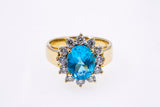 Blue Topaz Diamond Halo Cluster Band 18K 750 Yellow Gold Cocktail Ring Sz 6 1/2