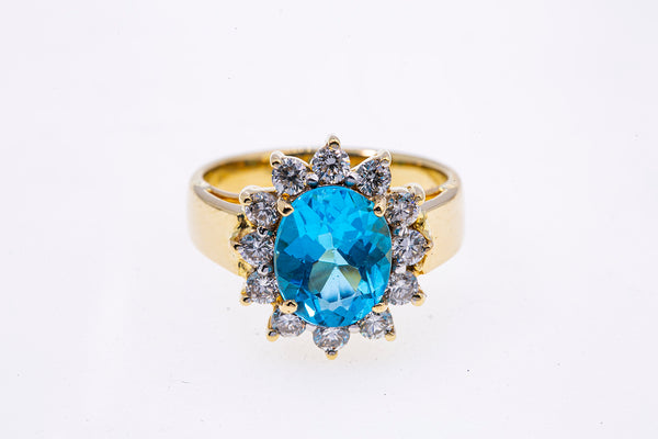 Blue Topaz Diamond Halo Cluster Band 18K 750 Yellow Gold Cocktail Ring Sz 6 1/2