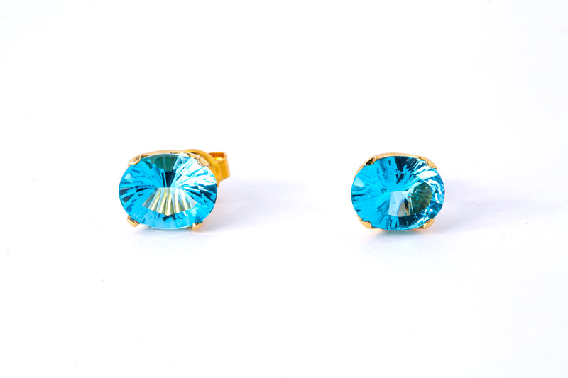 Natural Oval Blue Topaz Studs 14K 585 Yellow Gold Pair of Gemstone Earrings