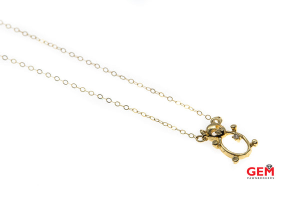 Thin Dainty 1.3mm Chain Link Diamond Panda Teddy Bear Charm Outline 14K 585 Yellow Gold 15.25" Necklace