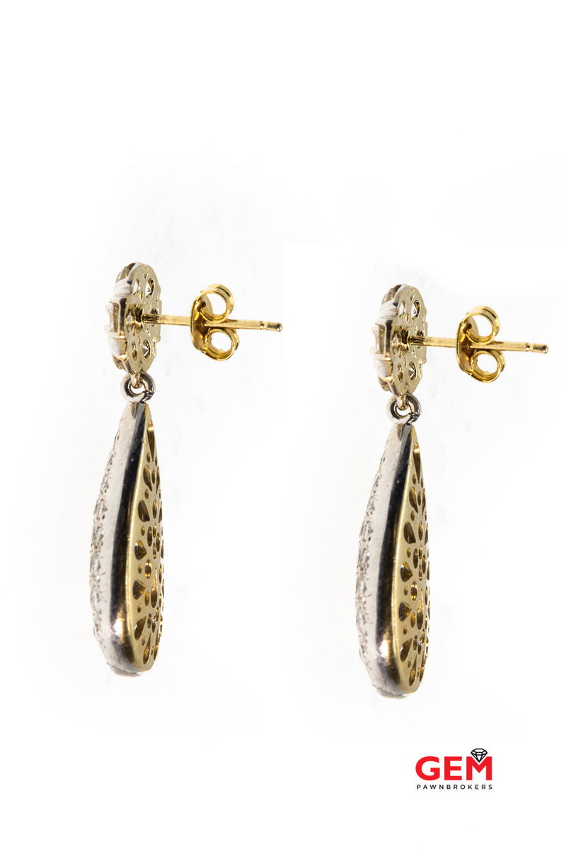 Vintage Pave Diamond Tear Drop 14K Two Tone Yellow & White Gold Earrings