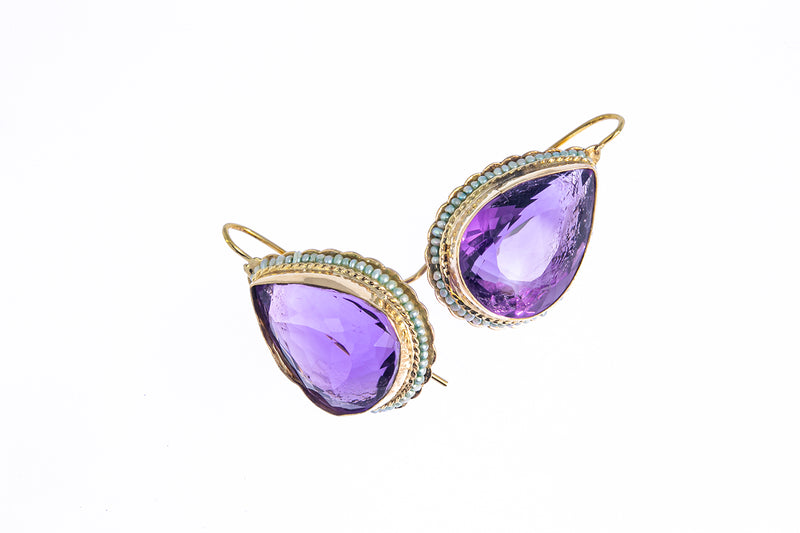 Antique Amethyst & Seed Pearl Accent Drop 14K 585 Yellow Gold Pair Earrings