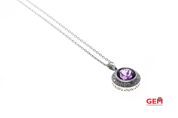 JLJ Natural Round Amethyst Gemstone Diamond Pave Halo Charm 1.5mm Chain Link 14K 585 White Gold 17" Necklace & Pendant