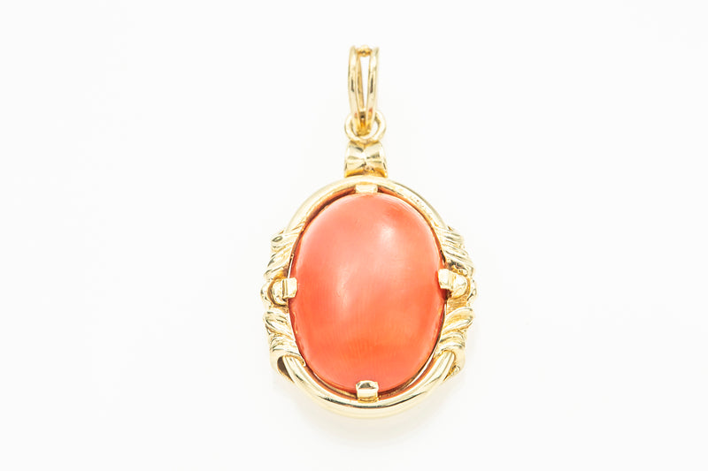 Vintage Coral Cabochon 14k 585 Yellow Gold Charm Pendant