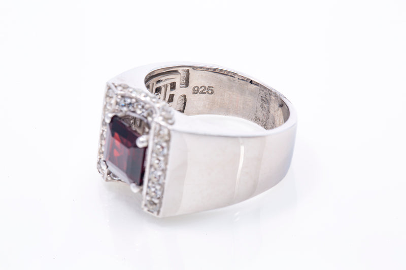 Effy Mens Garnet & White Sapphire 925 Sterling Silver Ring Sz 10 Retail $1300