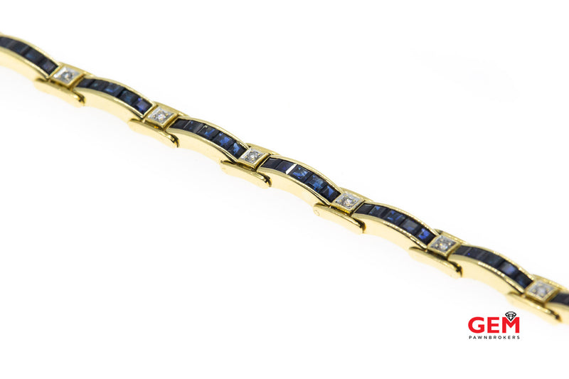 Natural Sapphire & Diamond Bar Link Station 18K 750 Yellow Gold Bracelet