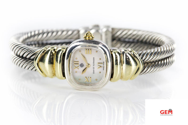 David Yurman T-44755 925 Sterling Silver 14k 585 Yellow Gold Bangle Bracelet Cuff Watch