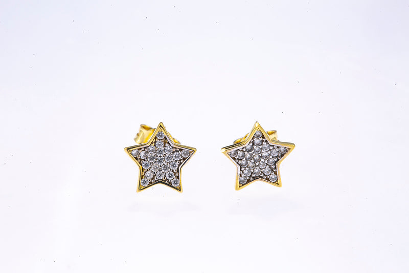 Cubic Zirconia Pave Star Studs 14K 585 Yellow & White Gold Pair of CZ Earrings