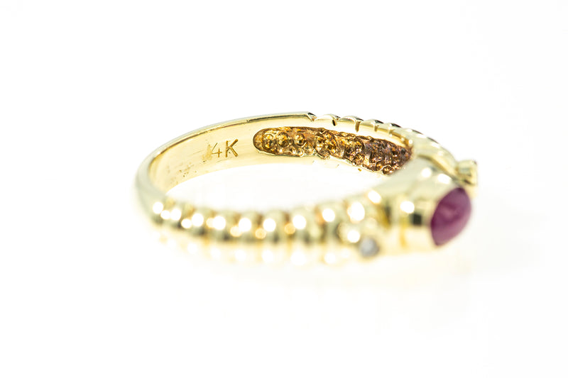 Scalloped Stackable Ruby & Diamond Accent 14k 585 Yellow Gold Band Ring