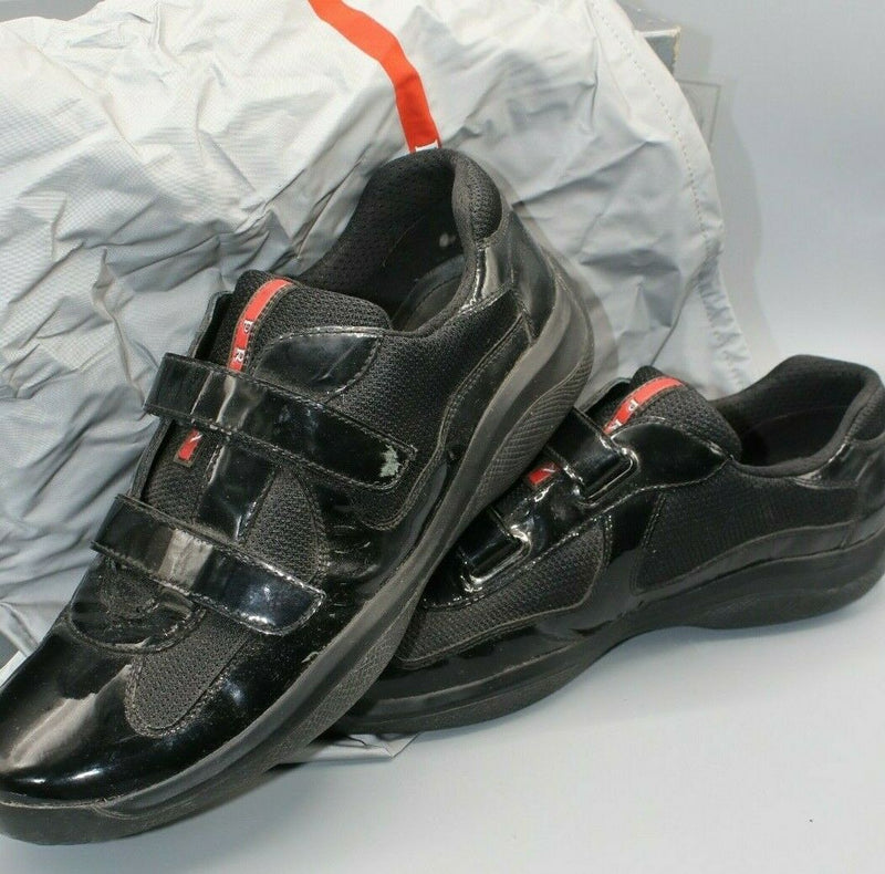 Prada Vernice Bike Black Patent and Mesh Velcro Sneaker Size 10