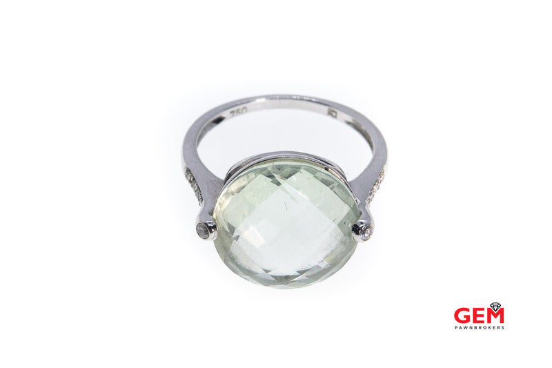 Large Faceted Solitaire Green Quartz & Diamond 18K 750 White Gold Ring Size 6 1/2